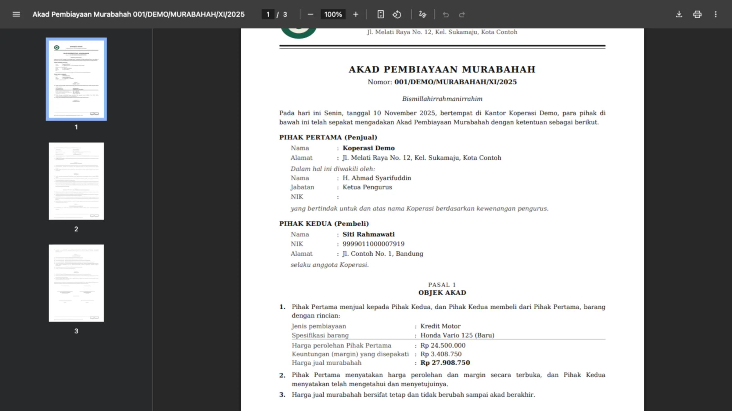 Proses akad murabahah satu pengajuan di panel pengurus Qanaa