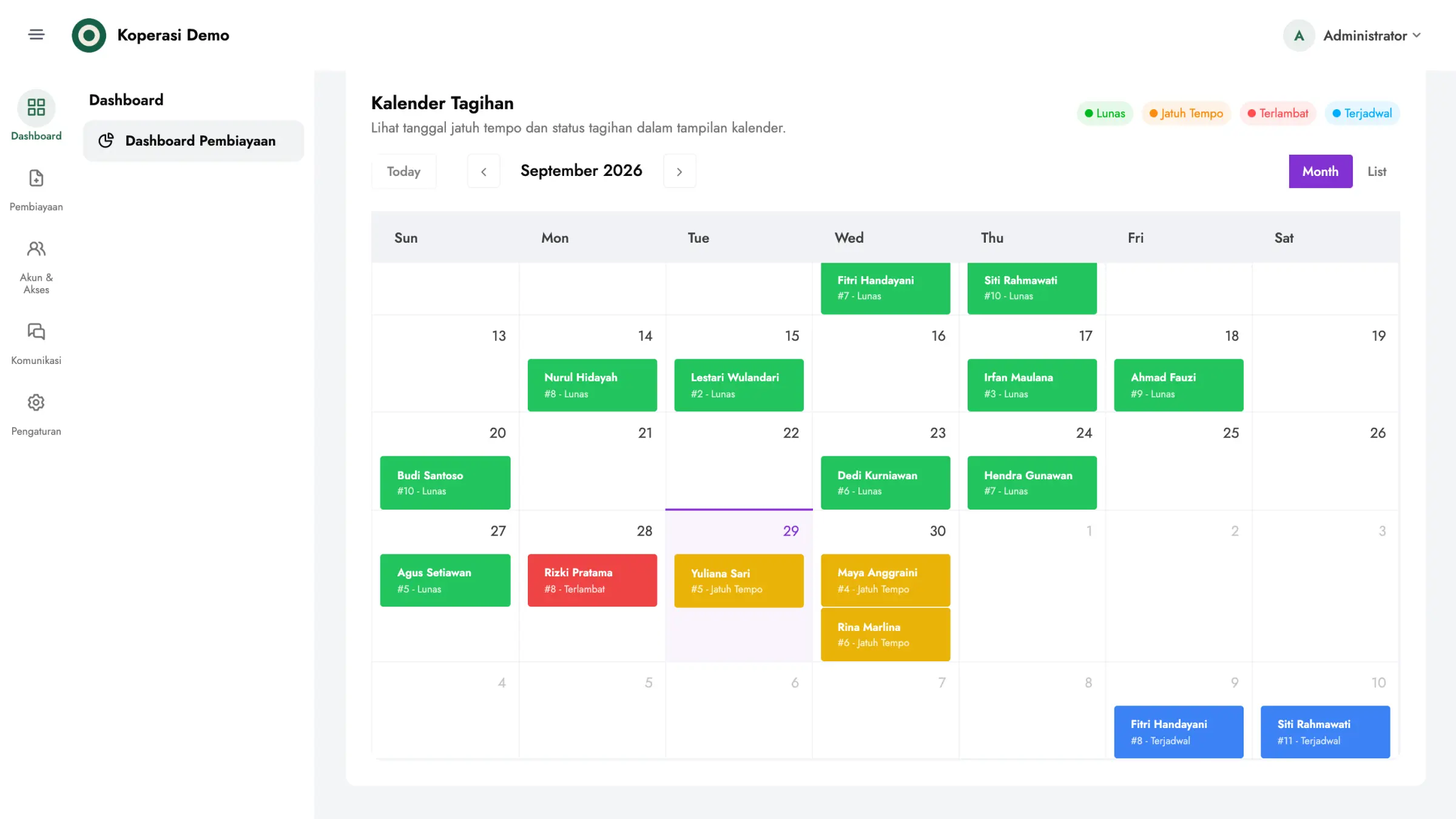 Kalender tagihan angsuran di panel pengurus Qanaa
