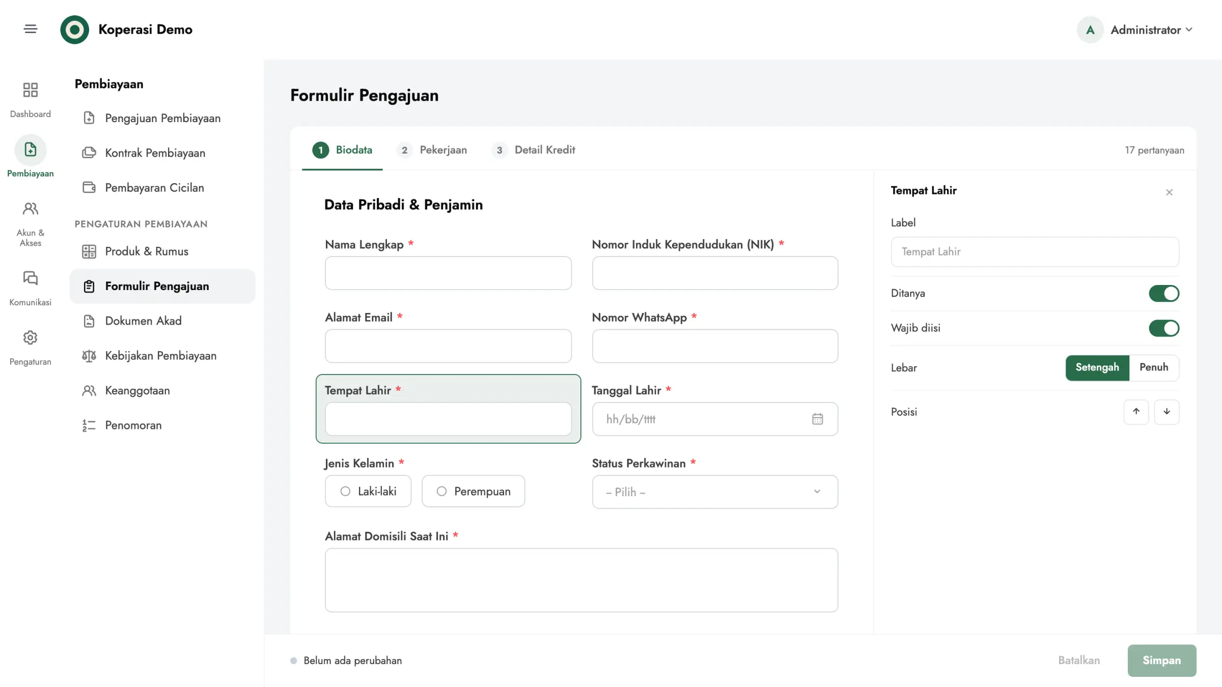 Editor formulir pengajuan di panel pengurus Qanaa