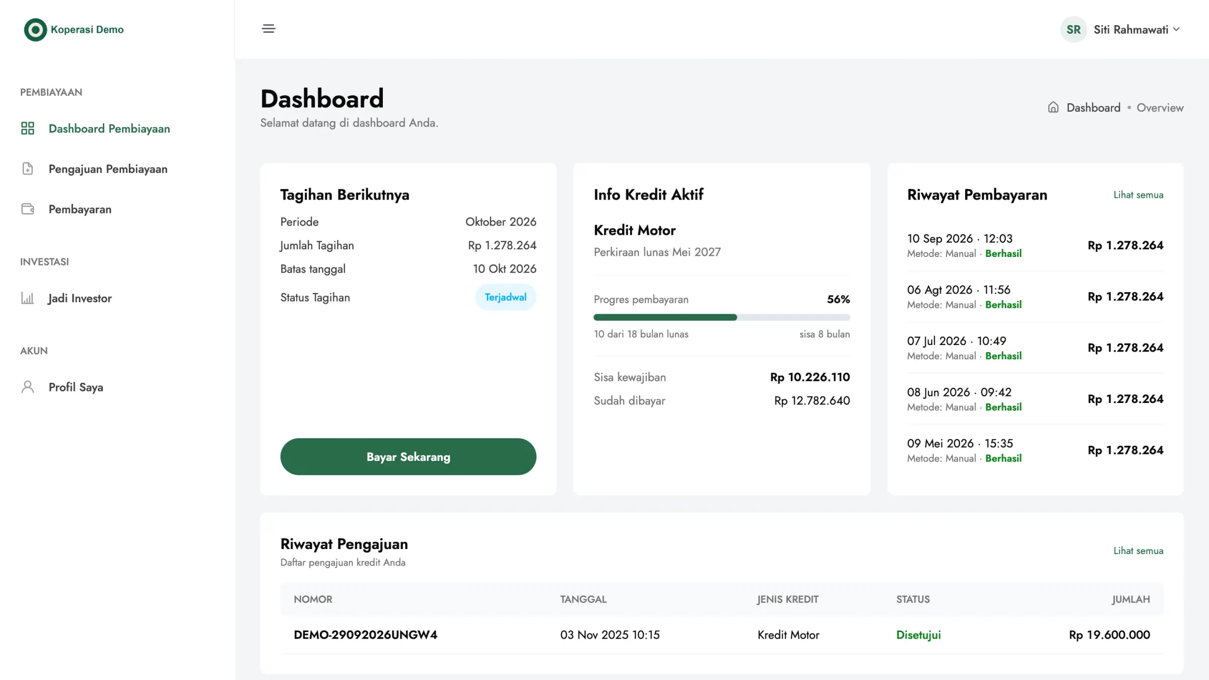 Portal nasabah Qanaa berisi tagihan dan sisa pembiayaan